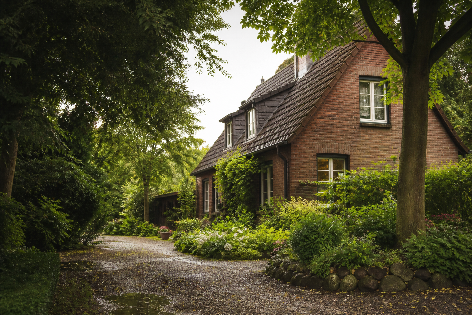 Generisches KI-Hausmotiv mit Garten, keine tatsächlich dokumentierte Mannheimer Adresse